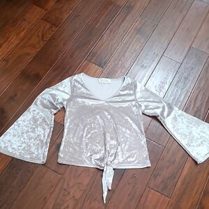 Noa Elle Silvery Gray Crushed Velvet Bell Sleeve Tie-Front Blouse size Medium